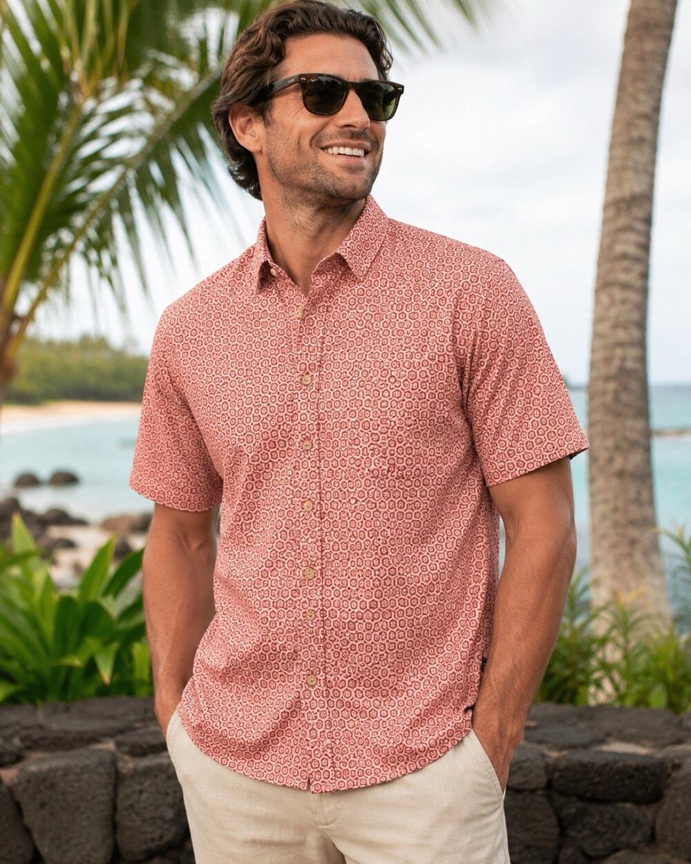 Reyn Spooner Aloha Shirt Mens XL Red Geometric Honeycomb Hawaiian Cotton Kloth